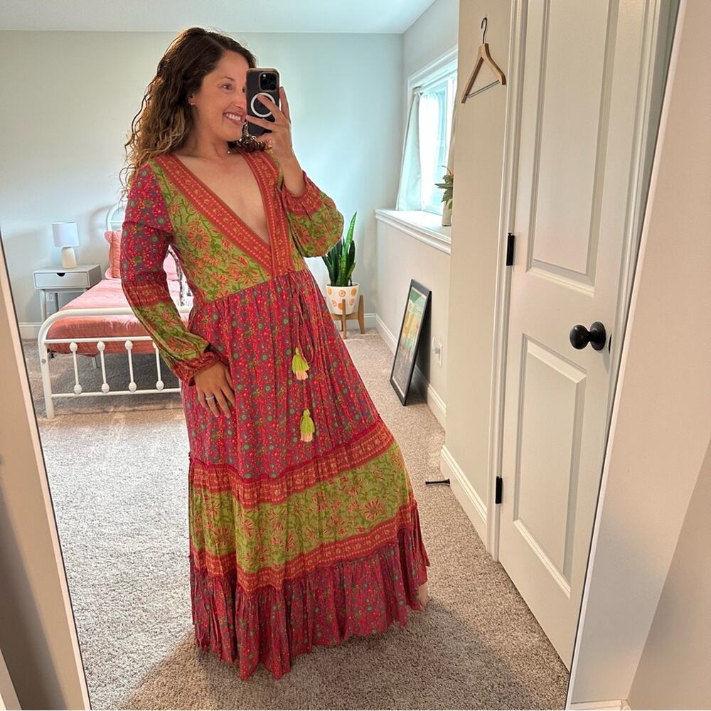 Anthropologie Raga Pink Green Floral Long Sleeve Boho Tassel Maxi Dress Sexy S - Picture 4 of 12